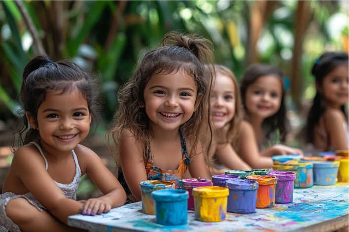 Grupo de crianças sorrindo enquanto pintam ao ar livre, usando tintas coloridas. A atividade estimula a criatividade, coordenação motora e desenvolvimento sensorial na infância.