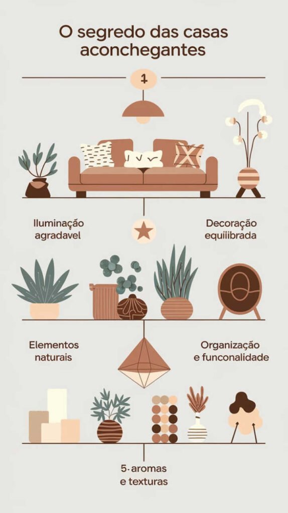 Infográfico ilustrado mostrando cinco segredos para transformar uma casa em um ambiente aconchegante: iluminação agradável, decoração equilibrada, elementos naturais, organização e funcionalidade, além de aromas e texturas.